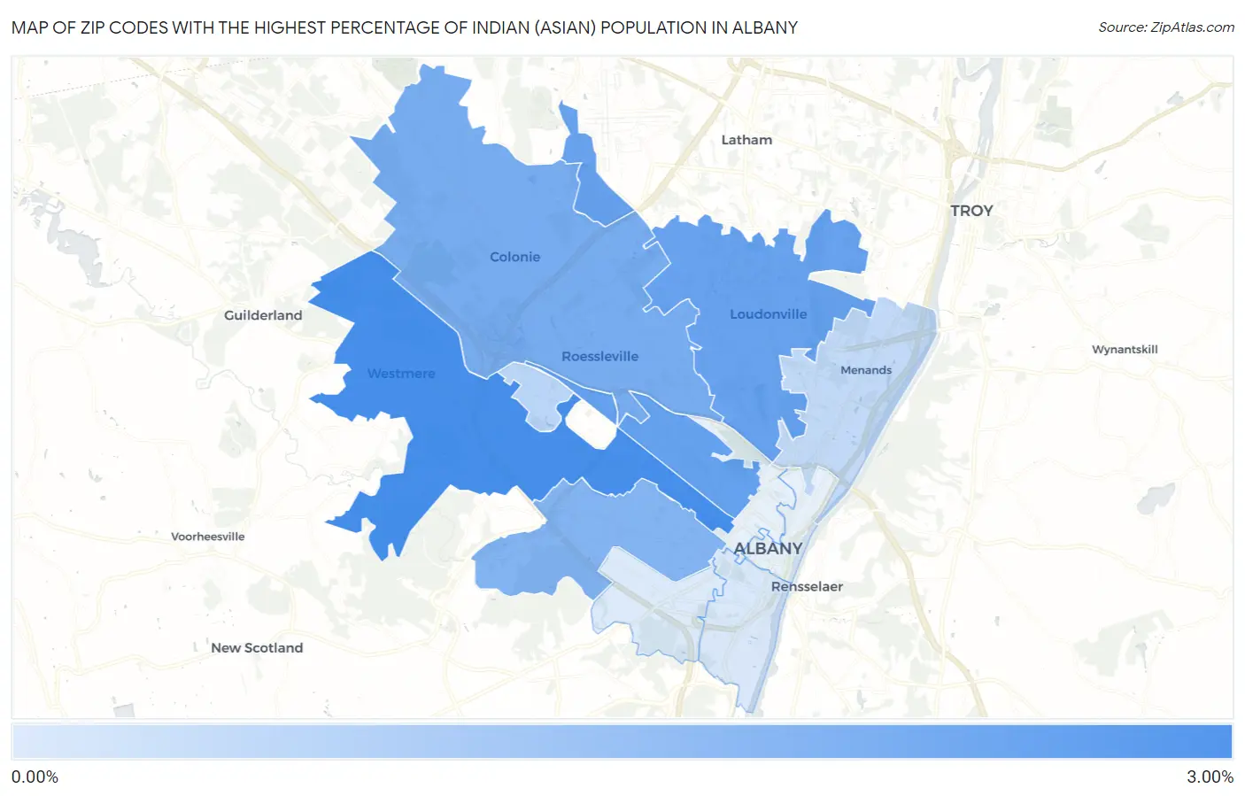 Zip Codes with the Highest Percentage of Indian (Asian) Population in Albany Map