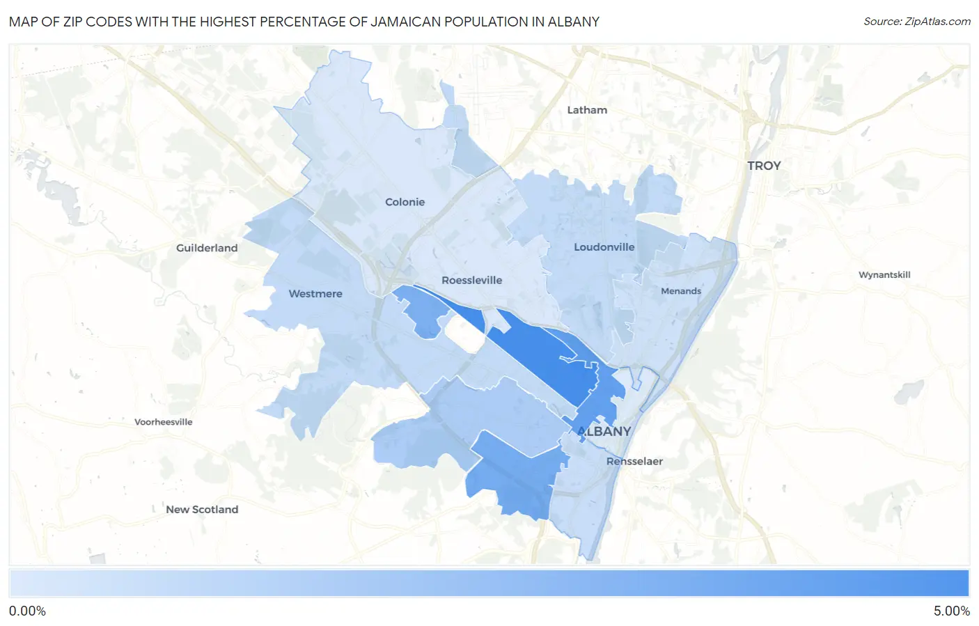 Zip Codes with the Highest Percentage of Jamaican Population in Albany Map