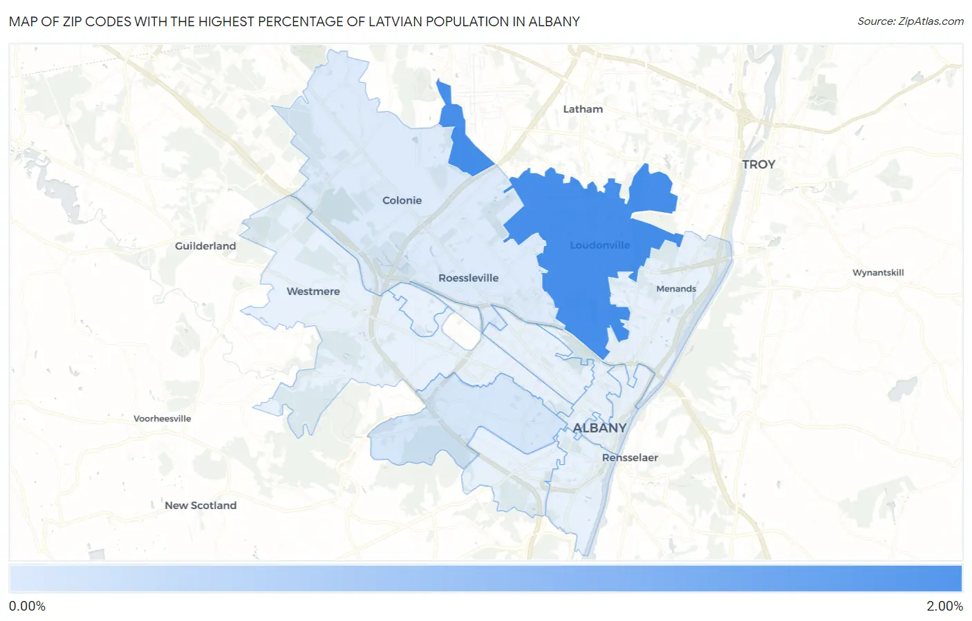 Zip Codes with the Highest Percentage of Latvian Population in Albany Map