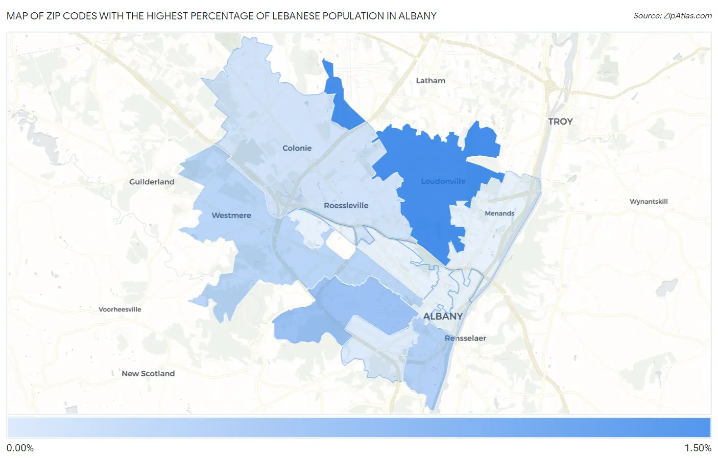 Zip Codes with the Highest Percentage of Lebanese Population in Albany Map
