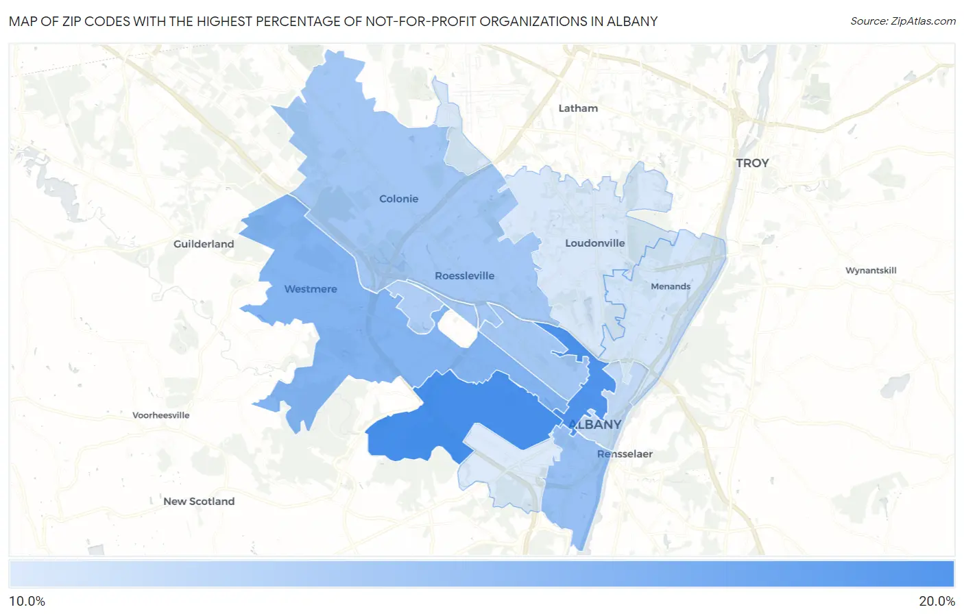 Zip Codes with the Highest Percentage of Not-for-profit Organizations in Albany Map