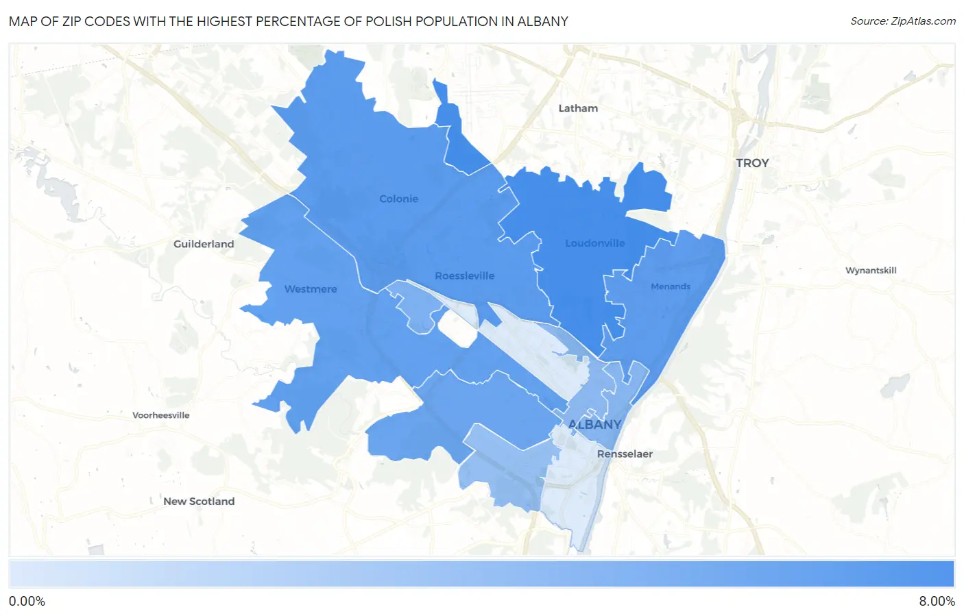 Zip Codes with the Highest Percentage of Polish Population in Albany Map