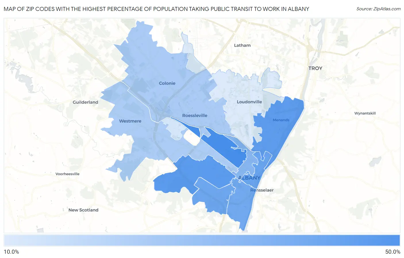 Zip Codes with the Highest Percentage of Population Taking Public Transit to Work in Albany Map