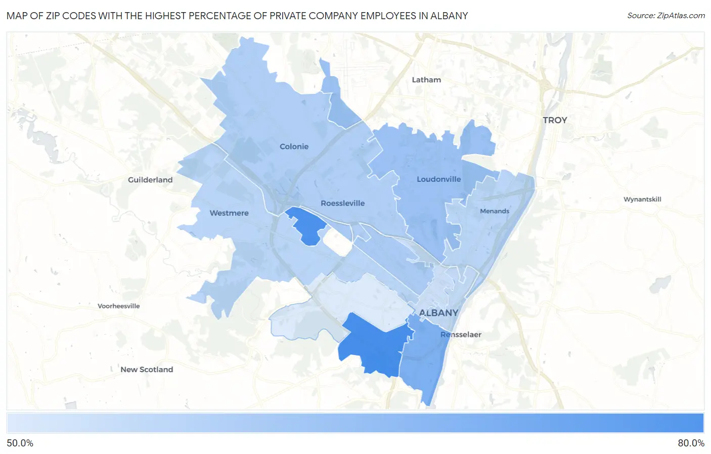 Zip Codes with the Highest Percentage of Private Company Employees in Albany Map