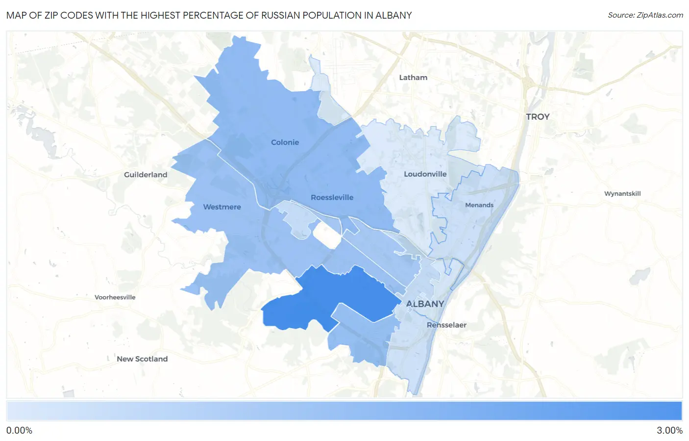 Zip Codes with the Highest Percentage of Russian Population in Albany Map