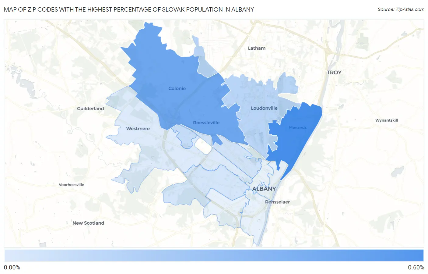 Zip Codes with the Highest Percentage of Slovak Population in Albany Map