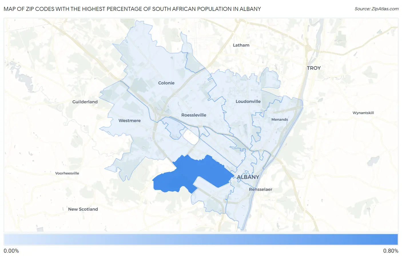Zip Codes with the Highest Percentage of South African Population in Albany Map