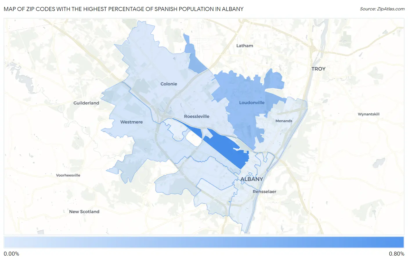 Zip Codes with the Highest Percentage of Spanish Population in Albany Map