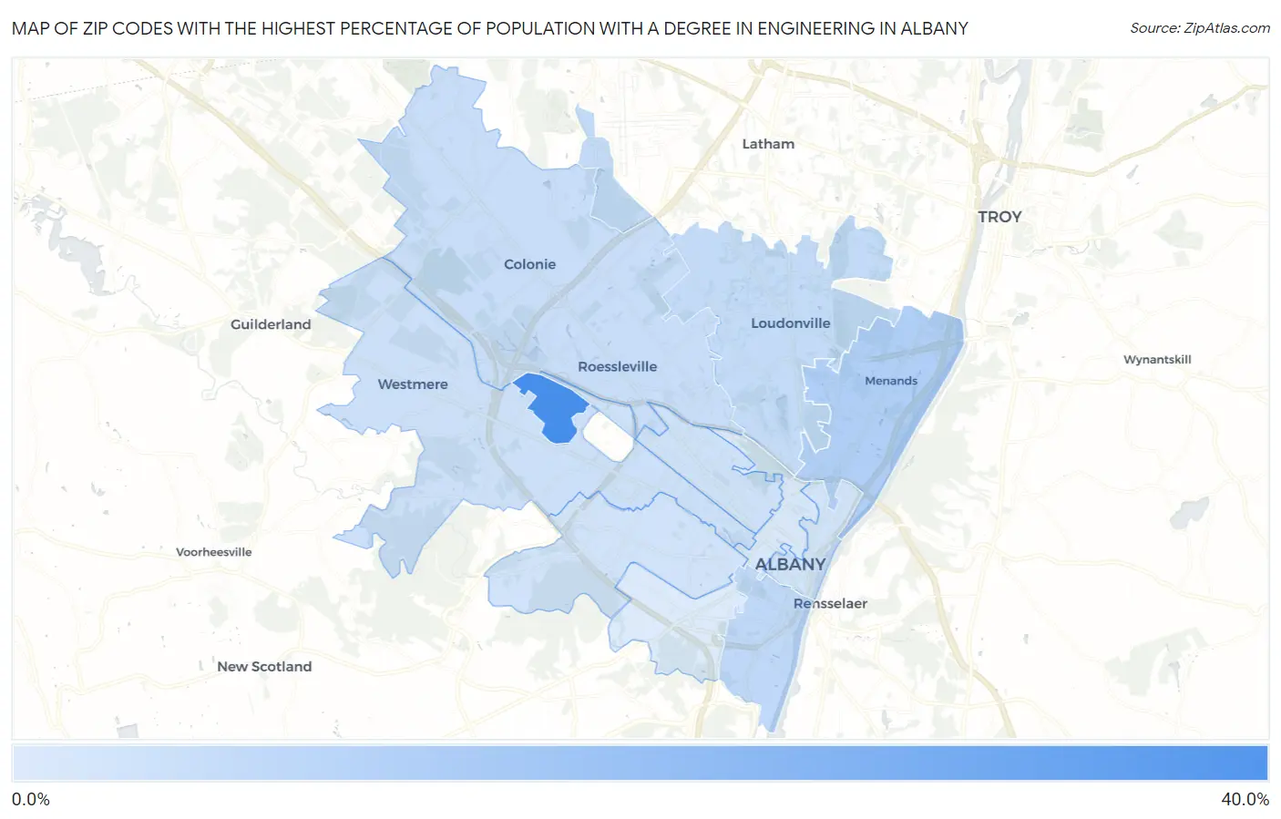 Zip Codes with the Highest Percentage of Population with a Degree in Engineering in Albany Map