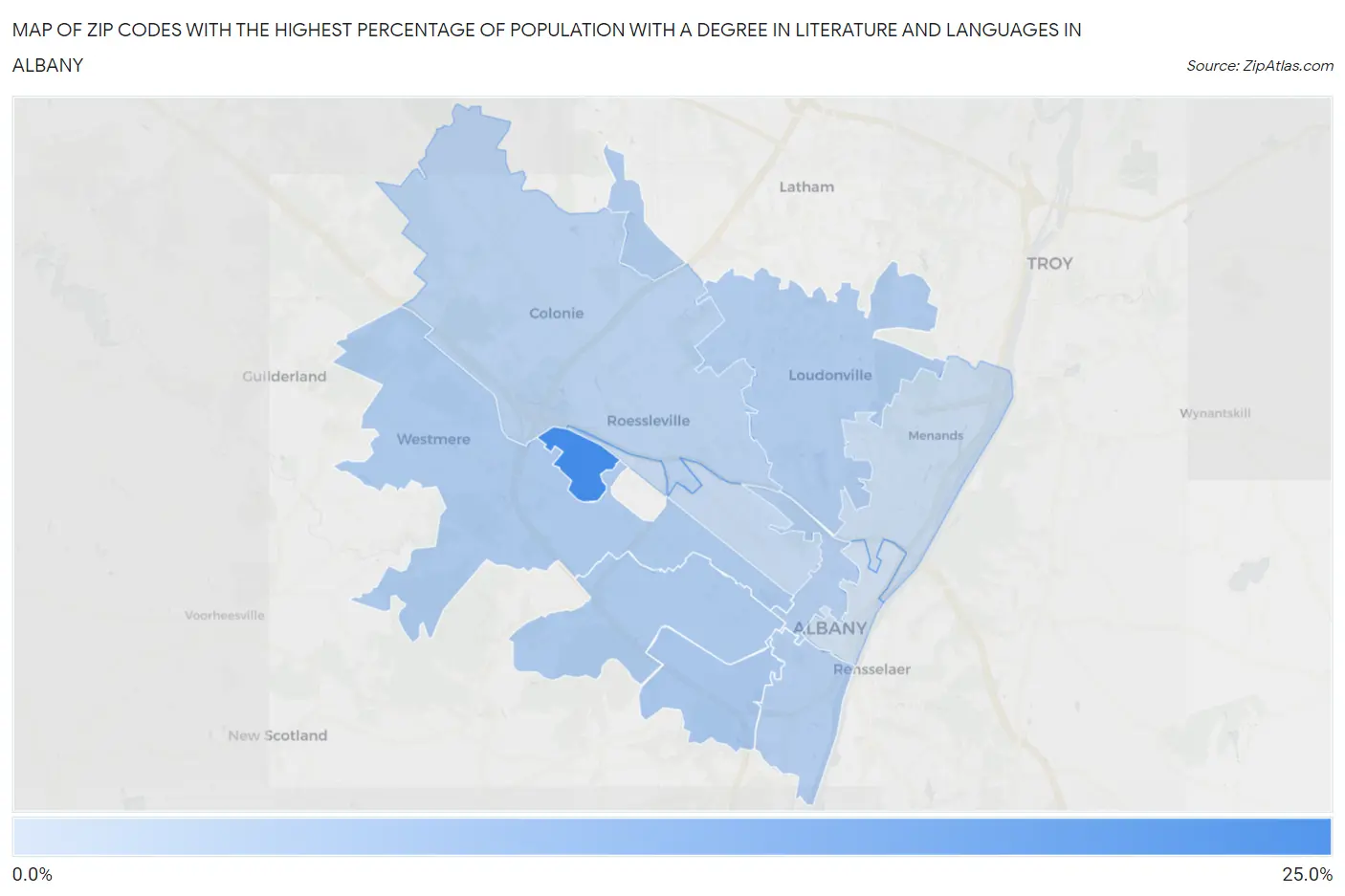 Zip Codes with the Highest Percentage of Population with a Degree in Literature and Languages in Albany Map