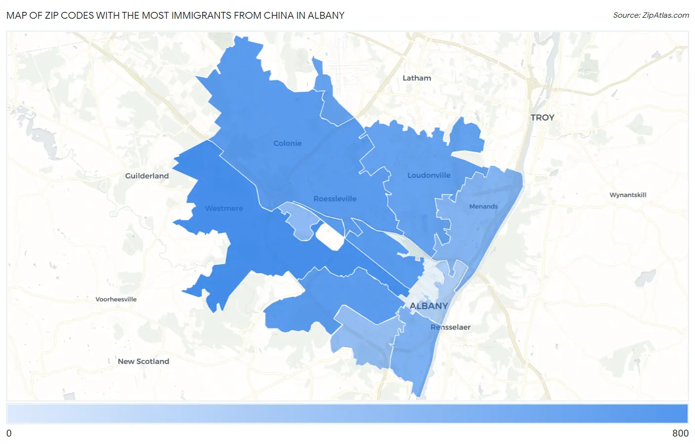 Zip Codes with the Most Immigrants from China in Albany Map