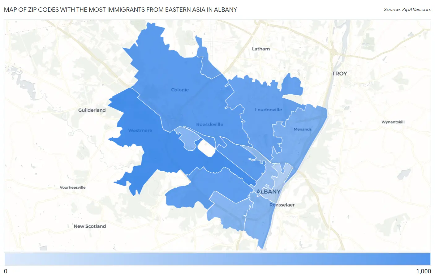 Zip Codes with the Most Immigrants from Eastern Asia in Albany Map