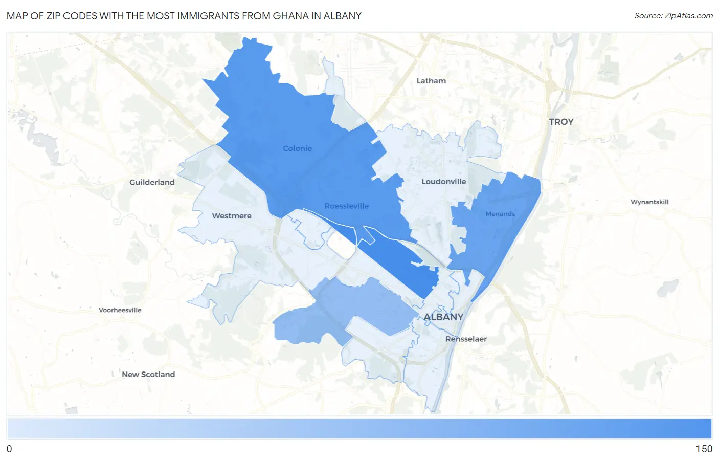 Zip Codes with the Most Immigrants from Ghana in Albany Map