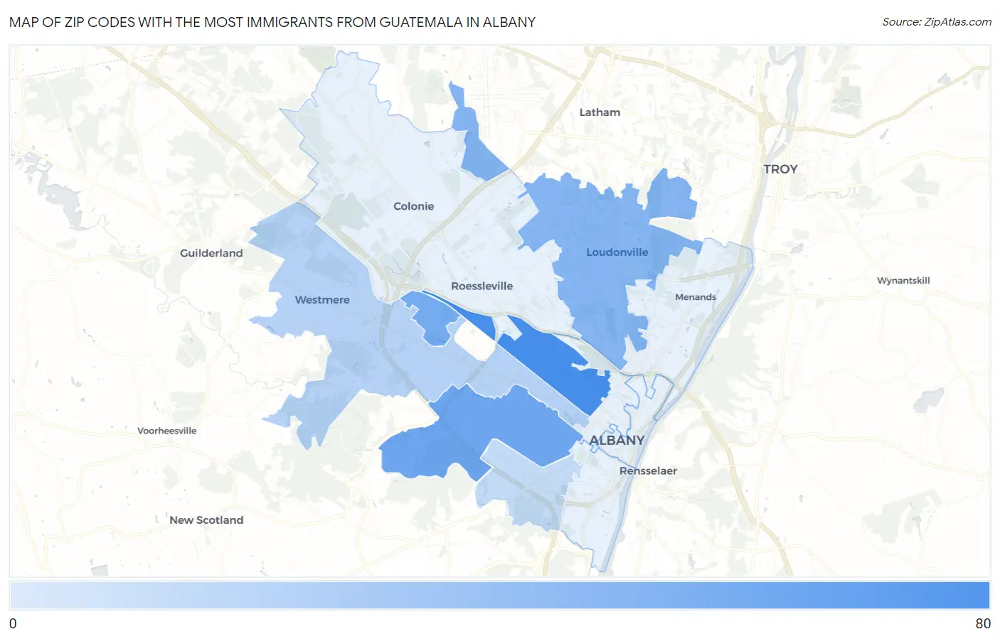 Zip Codes with the Most Immigrants from Guatemala in Albany Map