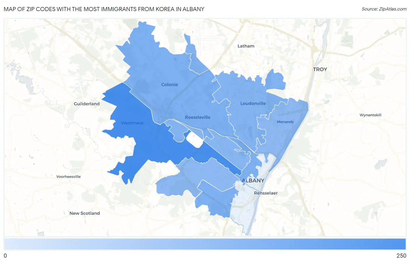 Zip Codes with the Most Immigrants from Korea in Albany Map