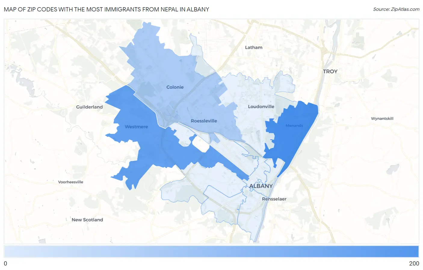 Zip Codes with the Most Immigrants from Nepal in Albany Map