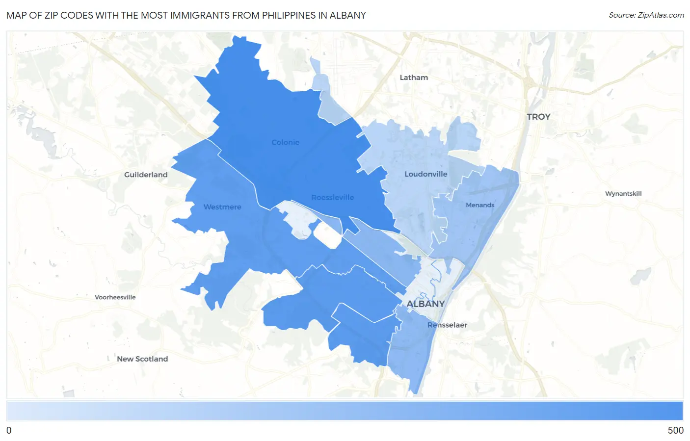 Zip Codes with the Most Immigrants from Philippines in Albany Map