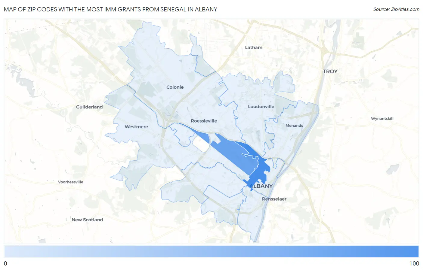 Zip Codes with the Most Immigrants from Senegal in Albany Map