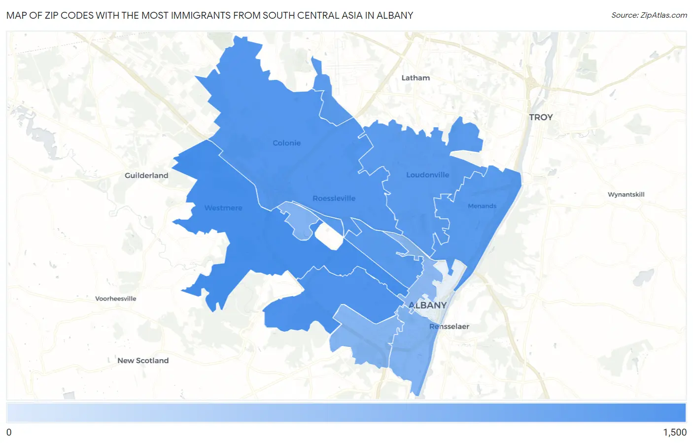 Zip Codes with the Most Immigrants from South Central Asia in Albany Map