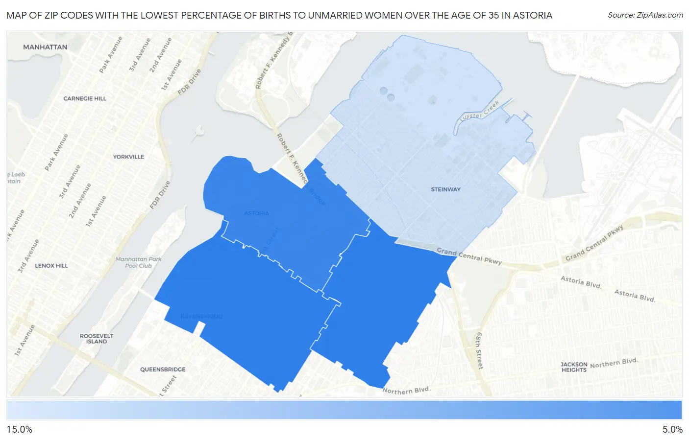 Zip Codes with the Lowest Percentage of Births to Unmarried Women over the Age of 35 in Astoria Map