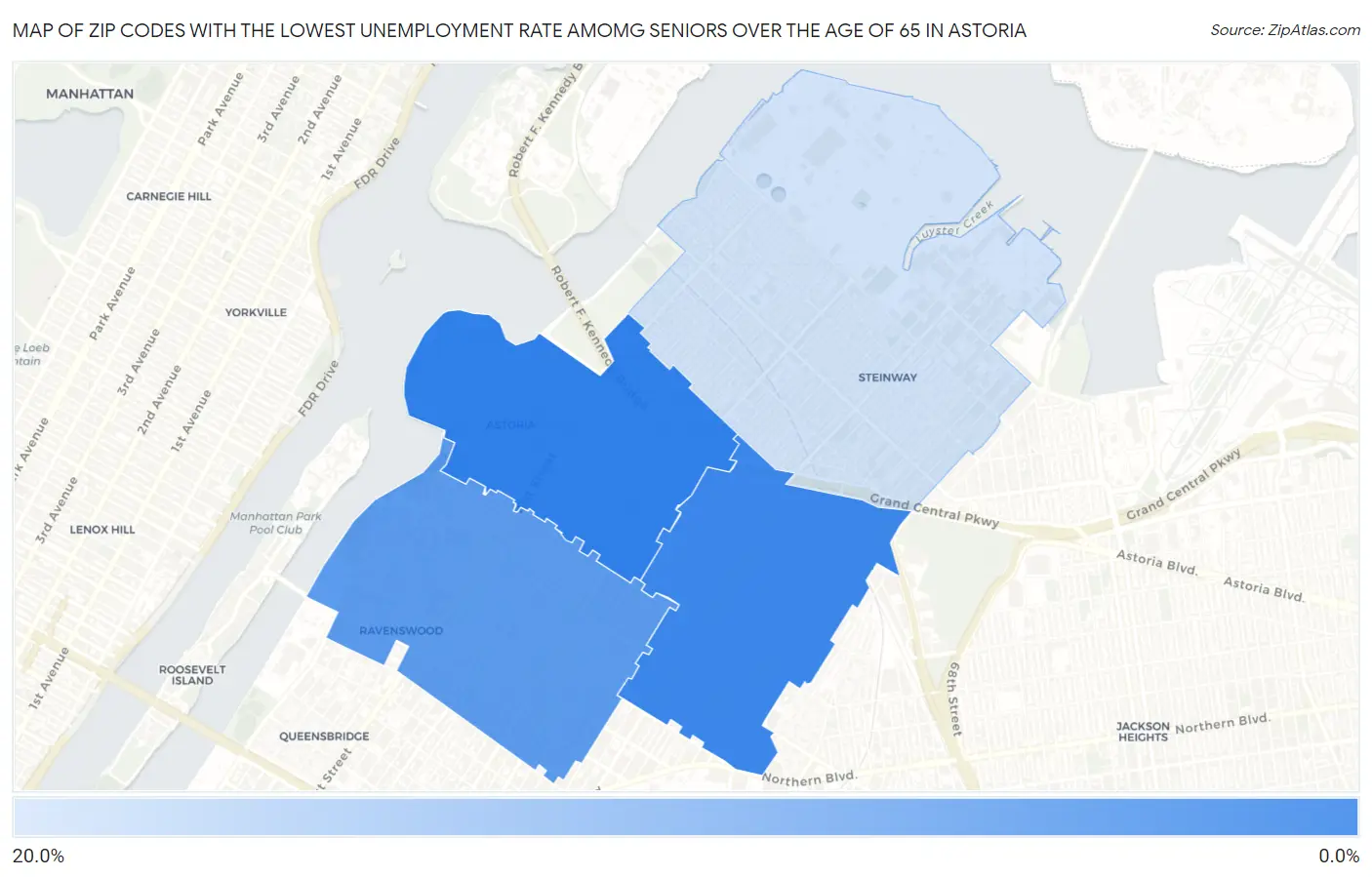 Zip Codes with the Lowest Unemployment Rate Amomg Seniors Over the Age of 65 in Astoria Map