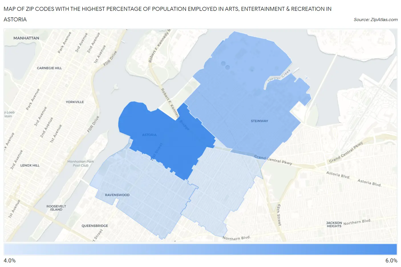 Zip Codes with the Highest Percentage of Population Employed in Arts, Entertainment & Recreation in Astoria Map