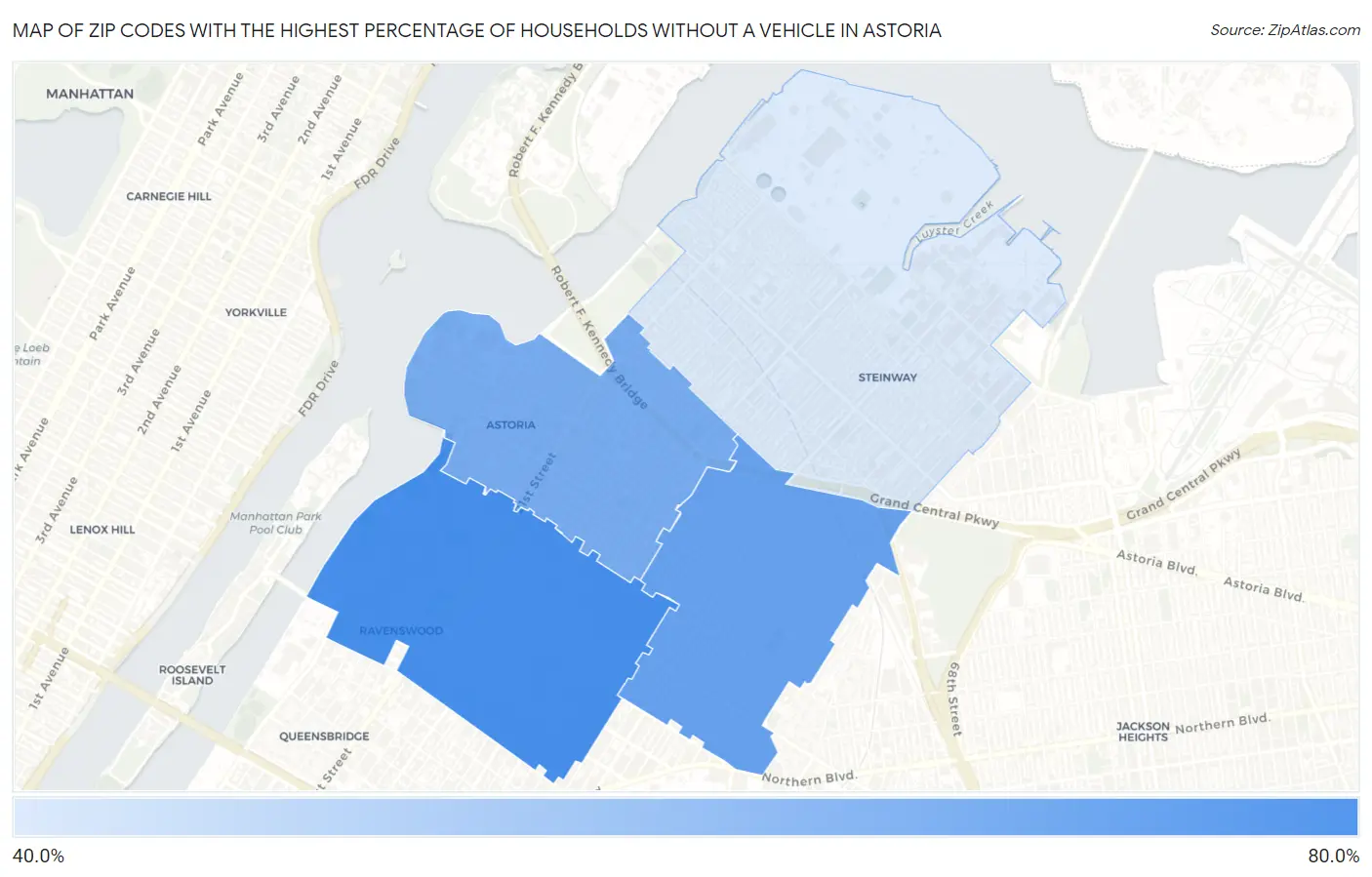 Zip Codes with the Highest Percentage of Households Without a Vehicle in Astoria Map