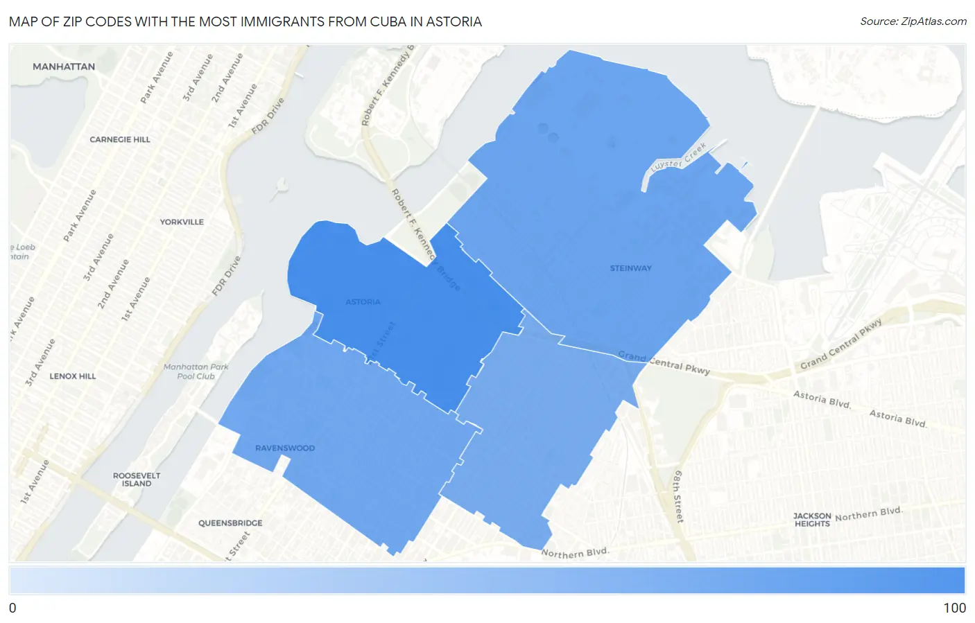 Zip Codes with the Most Immigrants from Cuba in Astoria Map