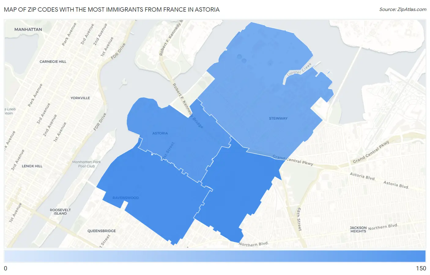 Zip Codes with the Most Immigrants from France in Astoria Map