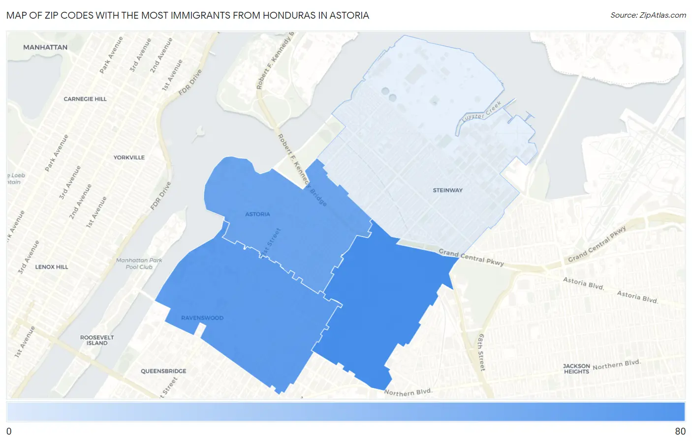 Zip Codes with the Most Immigrants from Honduras in Astoria Map