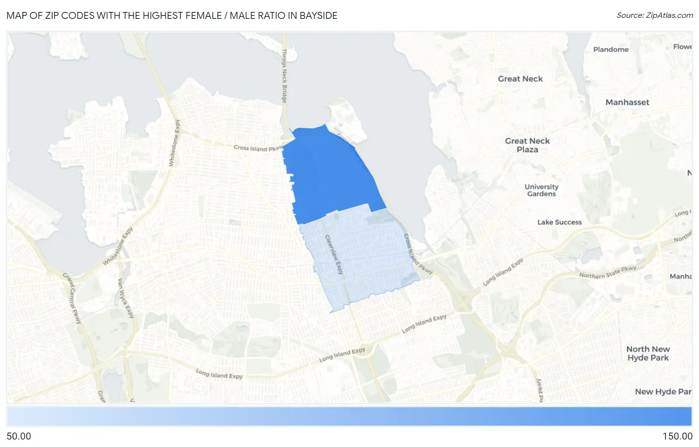 Zip Codes with the Highest Female / Male Ratio in Bayside Map