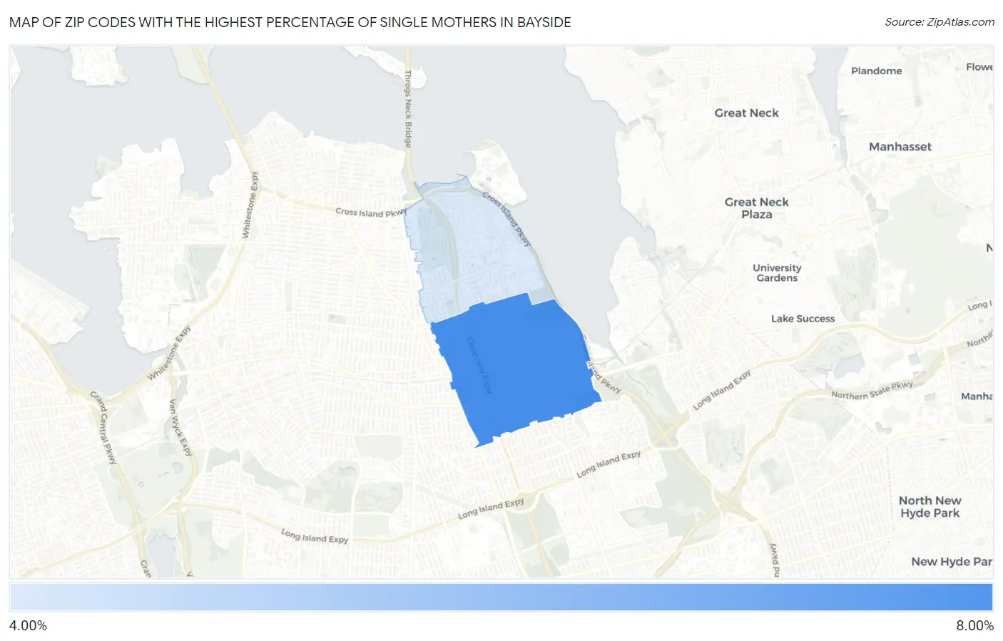 Zip Codes with the Highest Percentage of Single Mothers in Bayside Map
