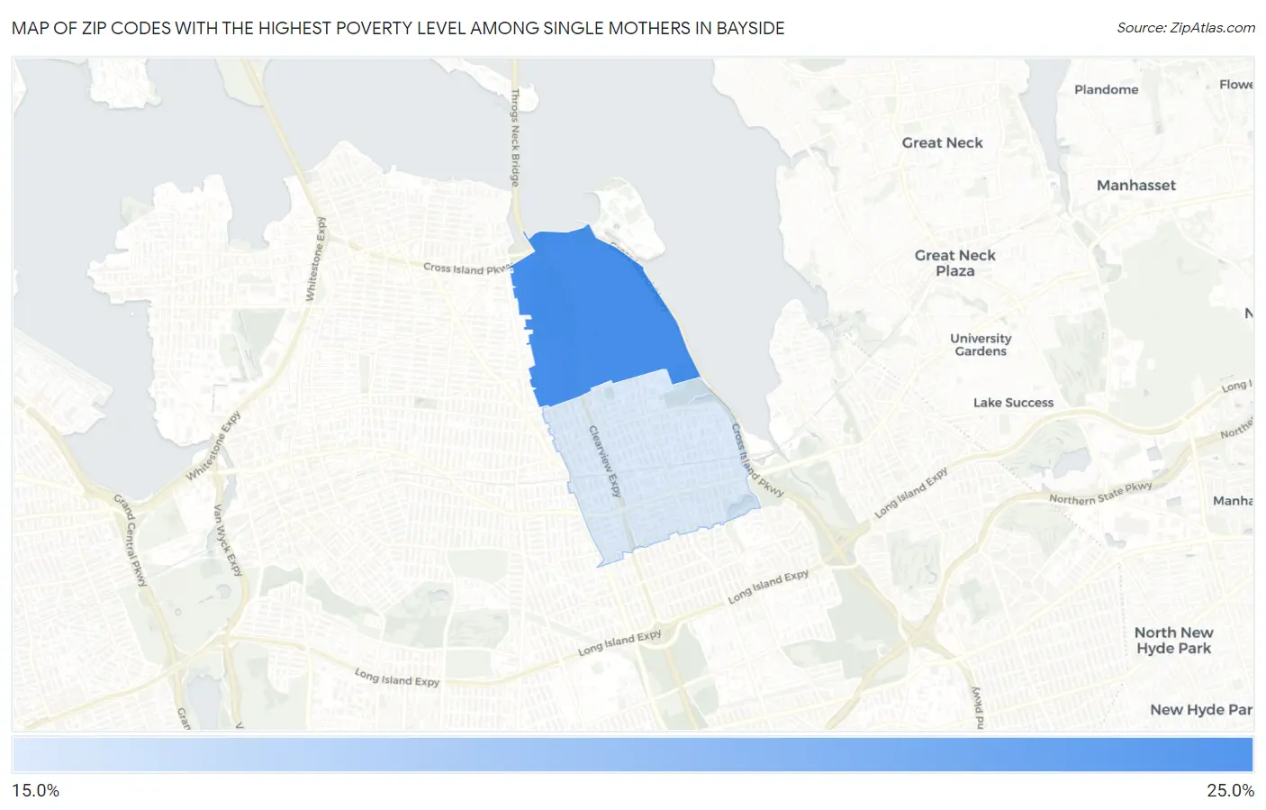 Zip Codes with the Highest Poverty Level Among Single Mothers in Bayside Map