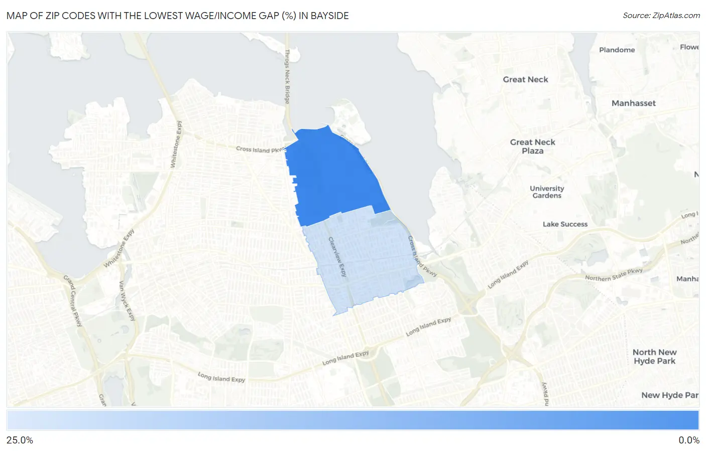 Zip Codes with the Lowest Wage/Income Gap (%) in Bayside Map