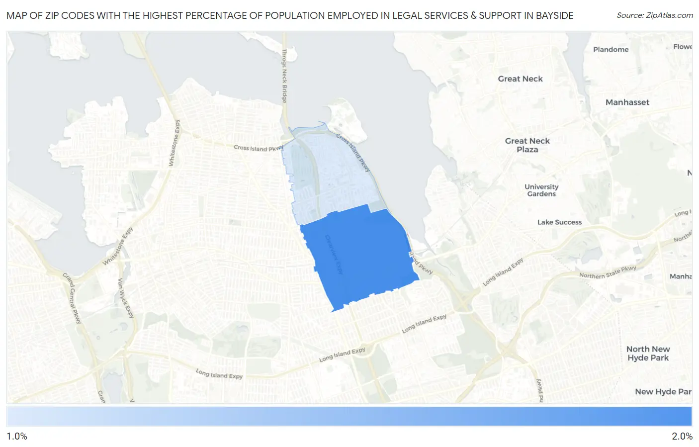 Zip Codes with the Highest Percentage of Population Employed in Legal Services & Support in Bayside Map