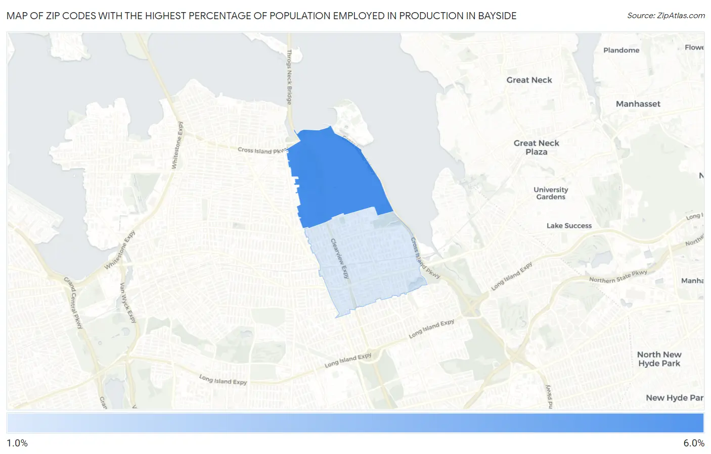 Zip Codes with the Highest Percentage of Population Employed in Production in Bayside Map