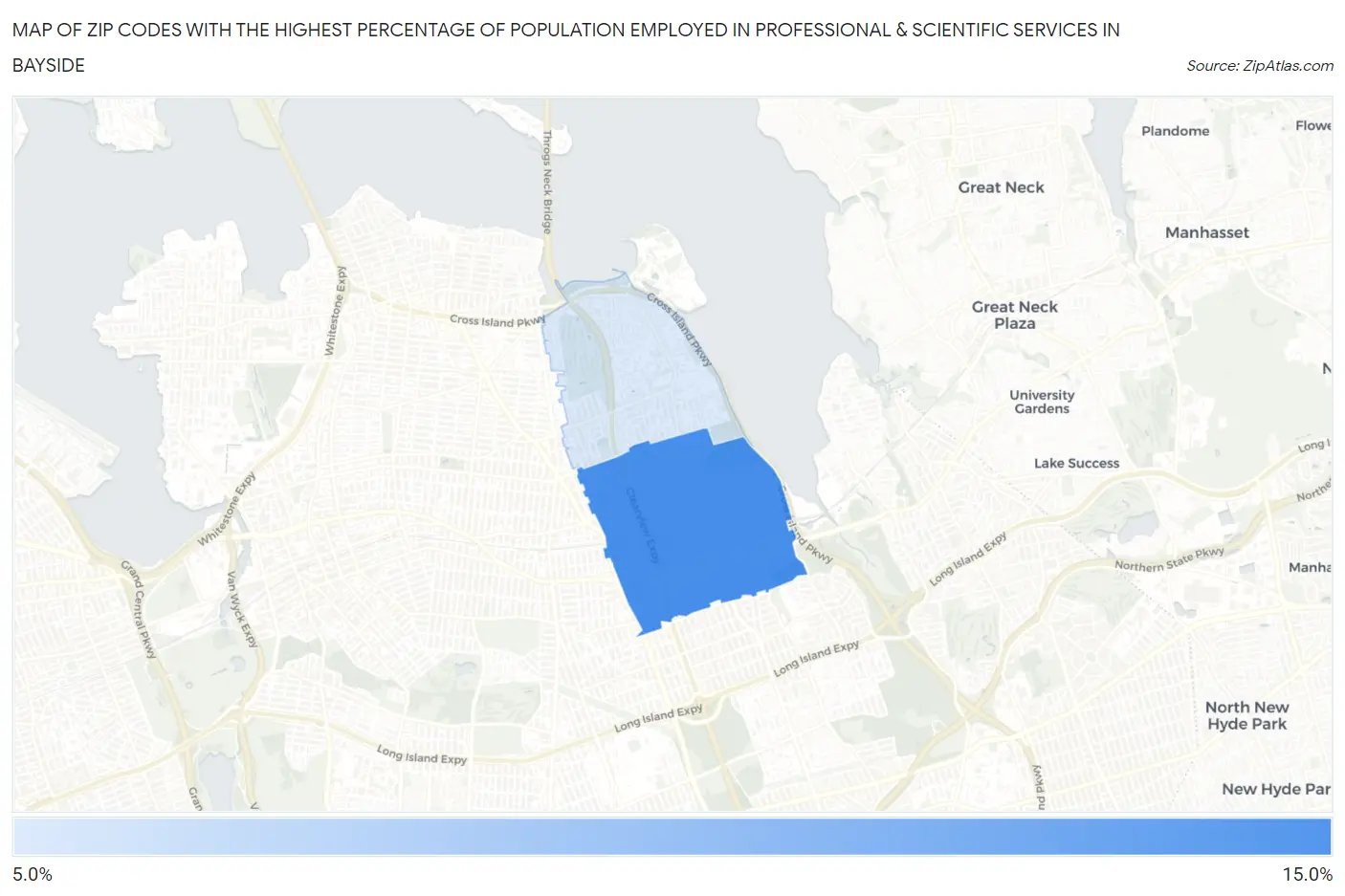Zip Codes with the Highest Percentage of Population Employed in Professional & Scientific Services in Bayside Map