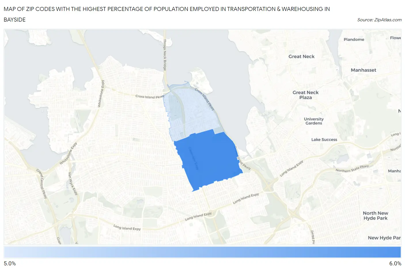 Zip Codes with the Highest Percentage of Population Employed in Transportation & Warehousing in Bayside Map