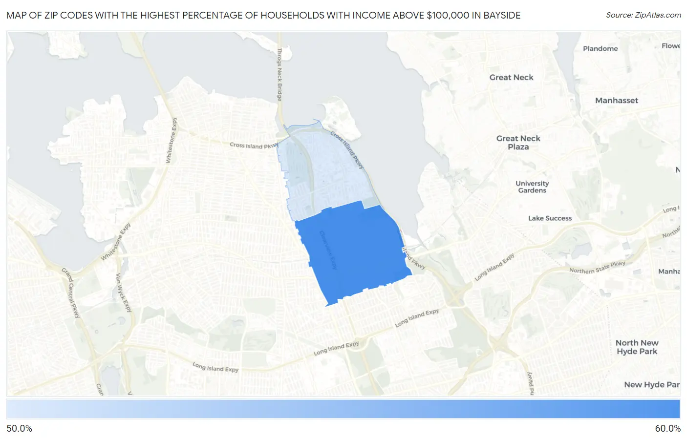 Zip Codes with the Highest Percentage of Households with Income Above $100,000 in Bayside Map
