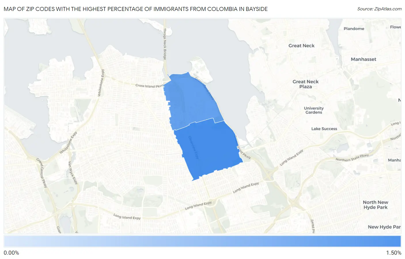 Zip Codes with the Highest Percentage of Immigrants from Colombia in Bayside Map