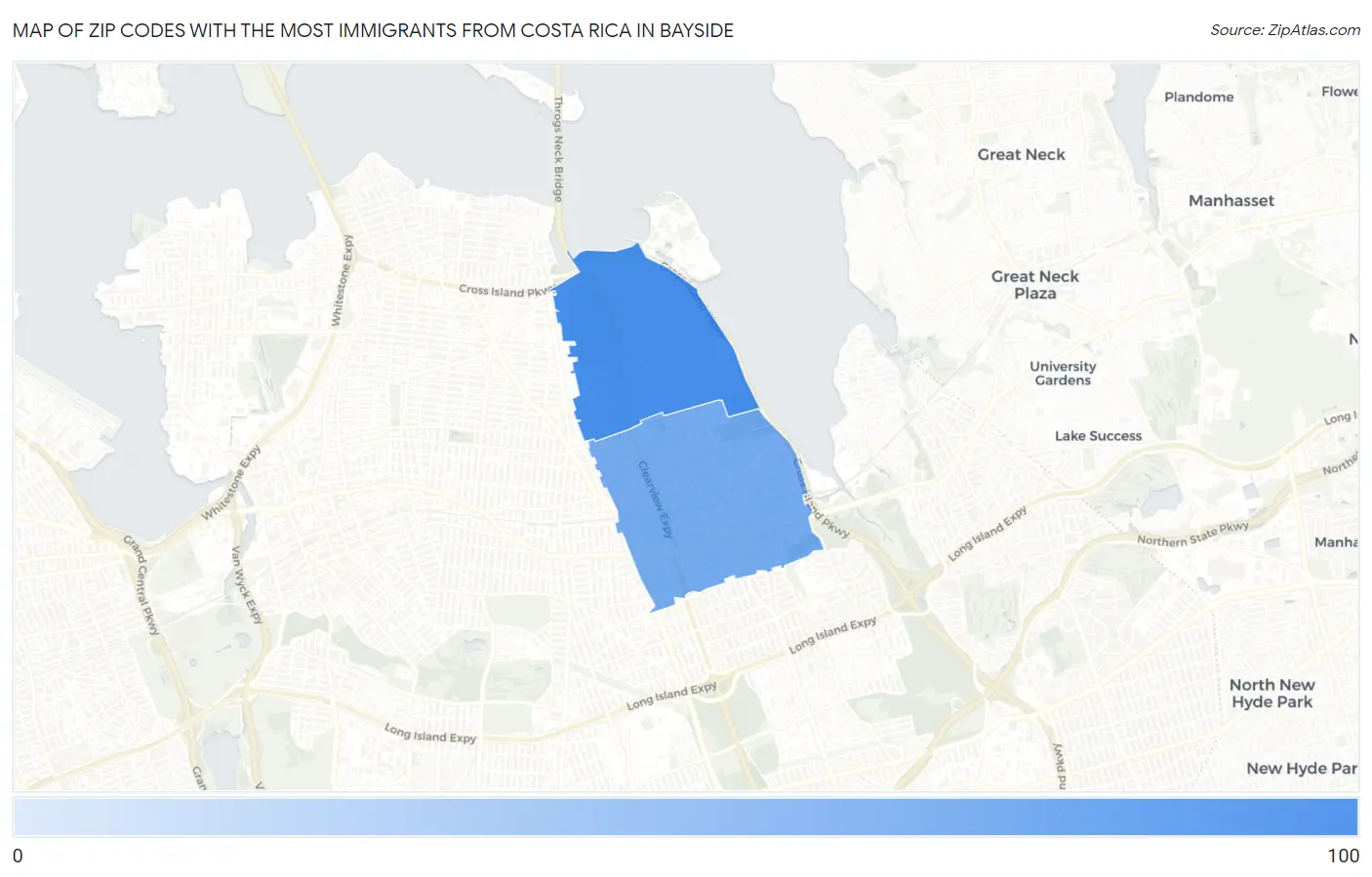 Zip Codes with the Most Immigrants from Costa Rica in Bayside Map