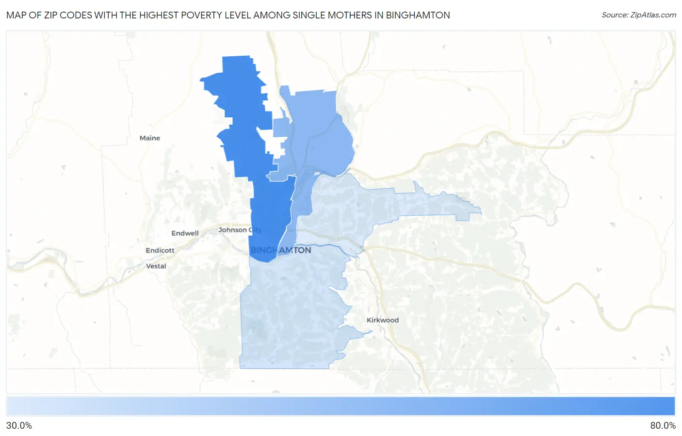 Zip Codes with the Highest Poverty Level Among Single Mothers in Binghamton Map