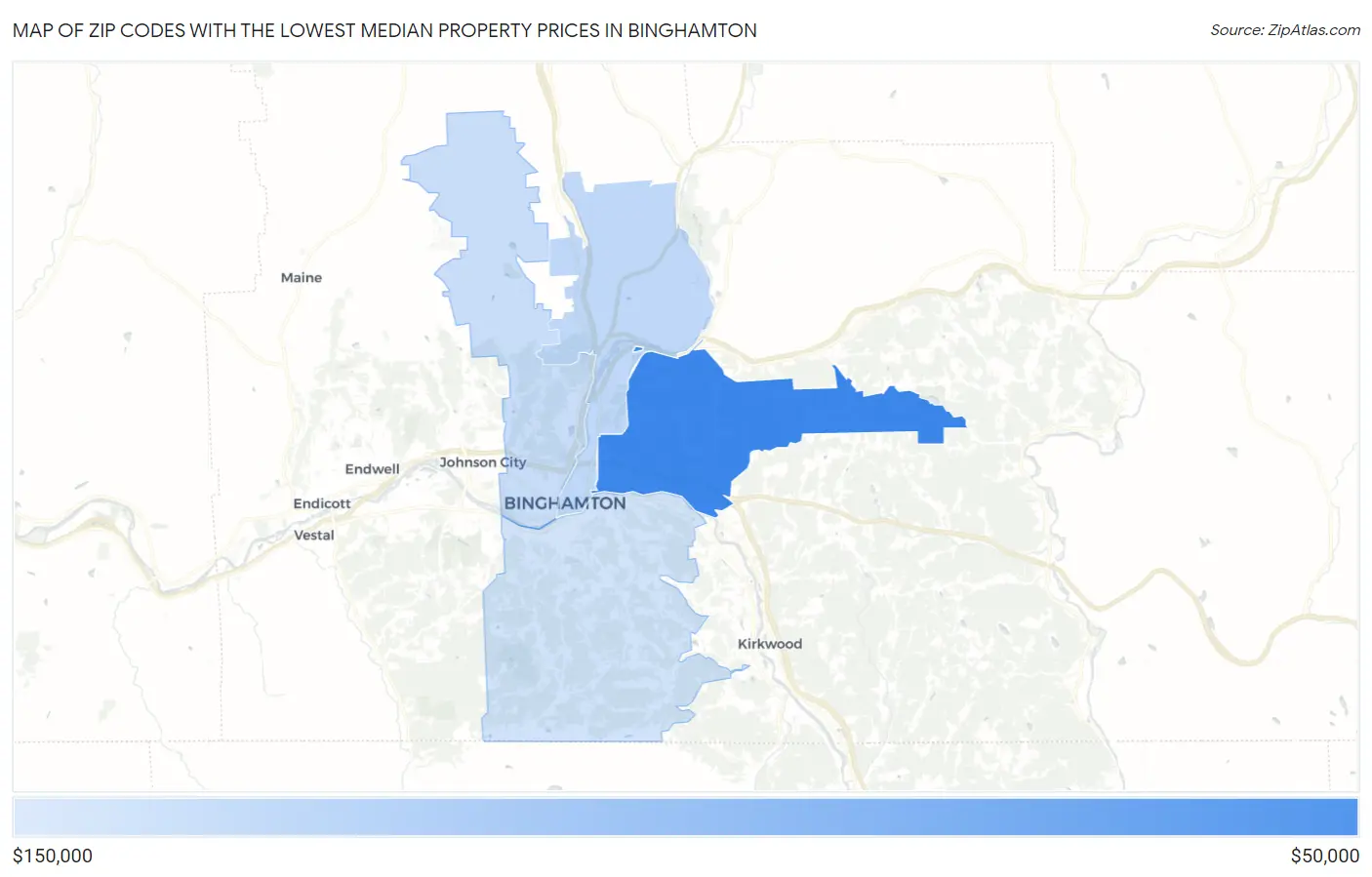 Zip Codes with the Lowest Median Property Prices in Binghamton Map