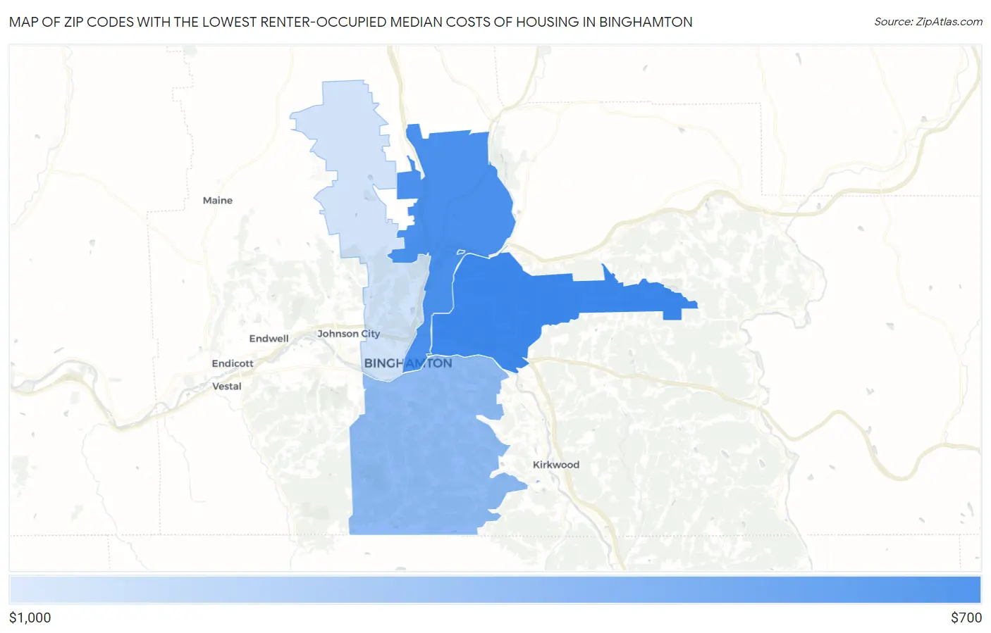 Zip Codes with the Lowest Renter-Occupied Median Costs of Housing in Binghamton Map