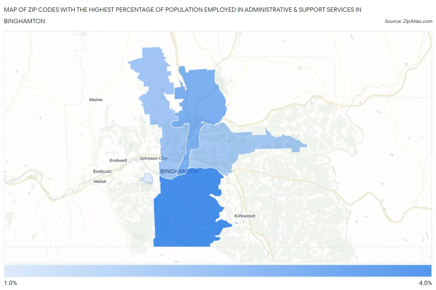 Zip Codes with the Highest Percentage of Population Employed in Administrative & Support Services in Binghamton Map