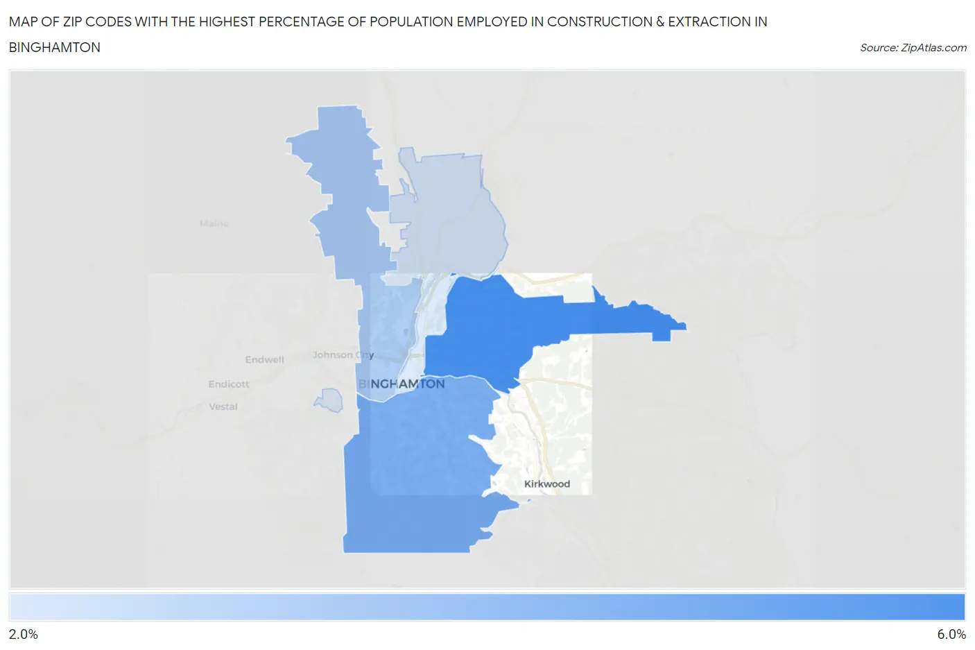 Zip Codes with the Highest Percentage of Population Employed in Construction & Extraction in Binghamton Map