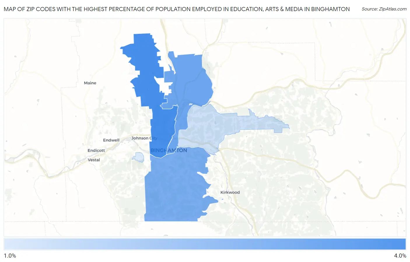 Zip Codes with the Highest Percentage of Population Employed in Education, Arts & Media in Binghamton Map