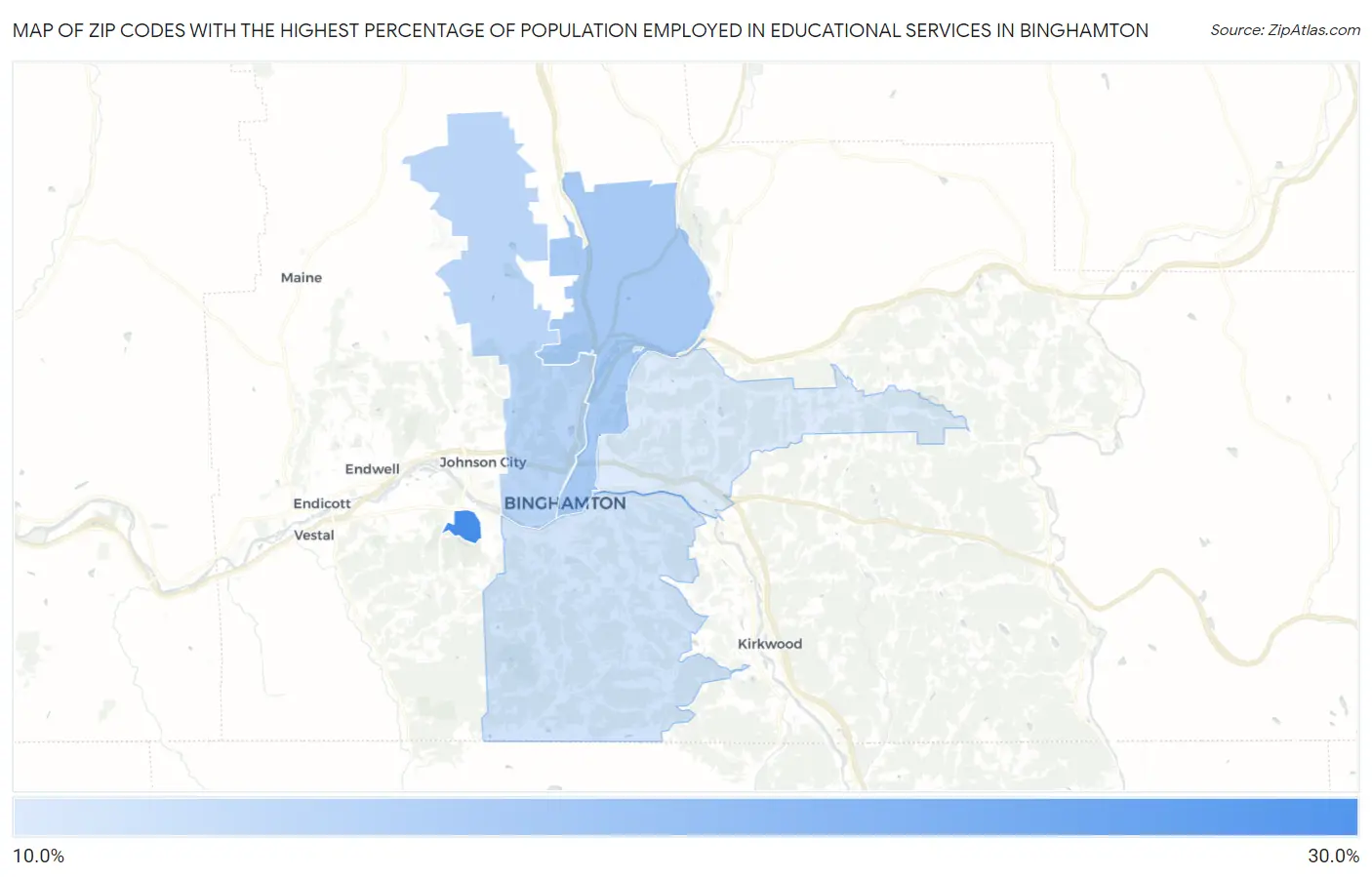 Zip Codes with the Highest Percentage of Population Employed in Educational Services in Binghamton Map