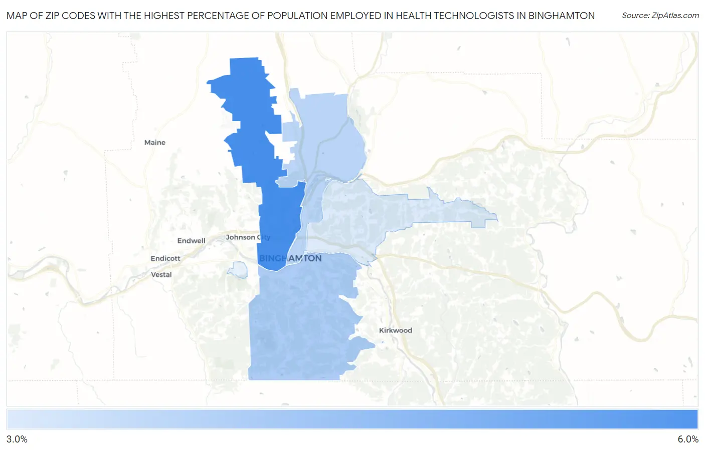 Zip Codes with the Highest Percentage of Population Employed in Health Technologists in Binghamton Map