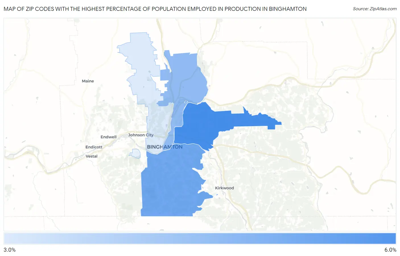 Zip Codes with the Highest Percentage of Population Employed in Production in Binghamton Map